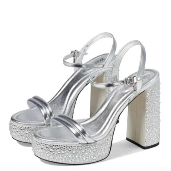 MK Michael Kors Laci Embellished Metallic Silver Leather Platform Sandal 9 - Picture 1 of 10